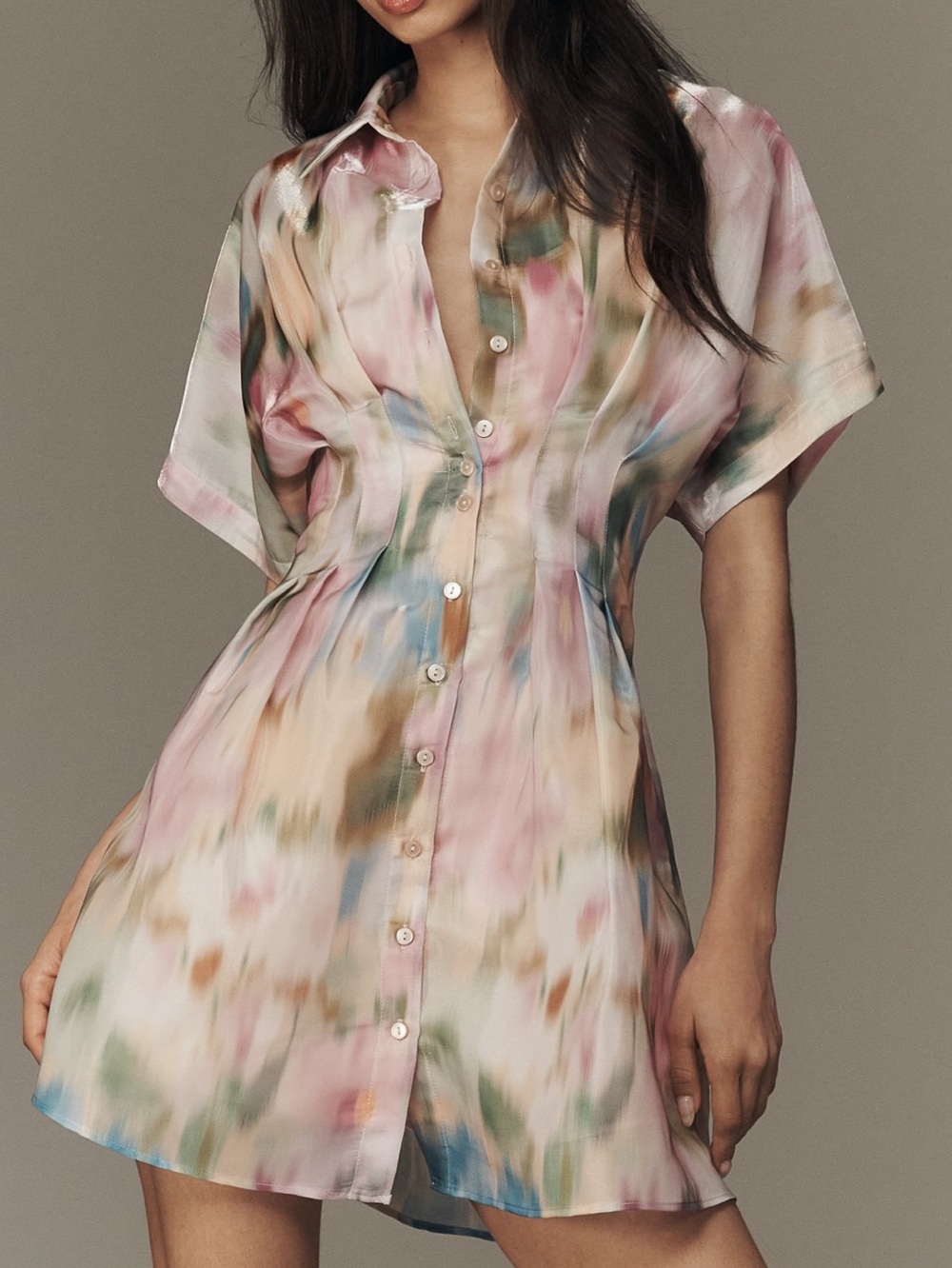 Exquise Tobie Mini Shirt Dress Organza Short Sleeve New 1X Multi Floral